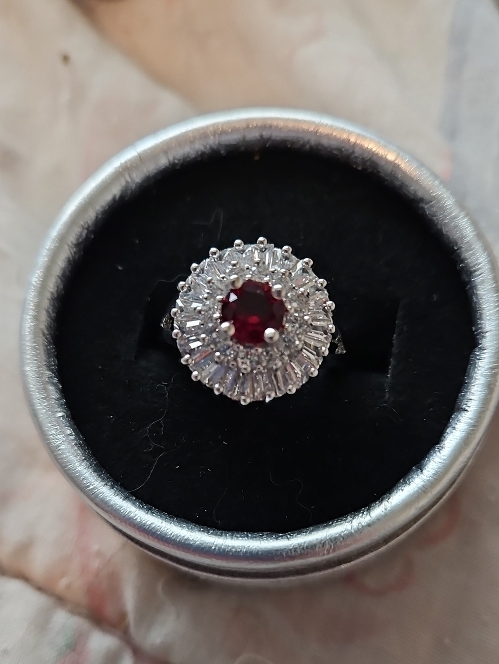 BRAND NEW ** Ruby Halo Cocktail Ring - Red Center with White Accents